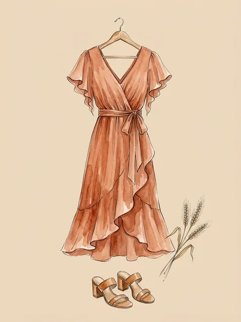 Ilustración: Vestido midi o largo, tacón de bloque